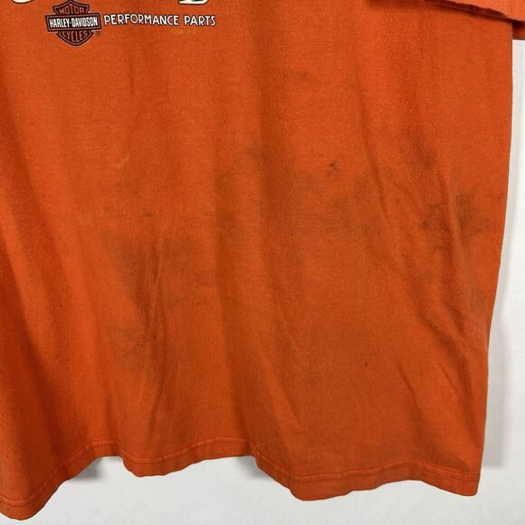 VTG 2001 Harley Davidson T Shirt Men XL Orange TNT Quincy IL Double Sided STAINS - Picture 12 of 15